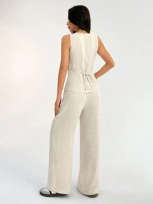 SHEIN PETITE 亚麻布西装背心两件套女时尚纯色纽扣撞色无袖上衣和裤子套装，面料舒适，透气柔软，适合通勤、日常度假穿着 - 卡其色 - 查看 2