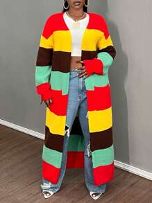 Slaydiva Áo len cardigan dệt kim sọc nhiều màu cỡ lớn cho nữ, khối màu - Nhiều màu - Xem 9