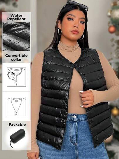 SHEIN EZwear 大码女式秋冬休闲百搭连帽无袖羽绒羽绒大衣背心带口袋黑色可压缩保暖