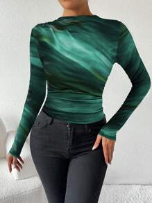 Chiquease Camiseta de manga larga con estampado de teñido anudado asimétrico y fruncido para mujer, blusas para mujer de primavera y otoño - Verde - Ver 4