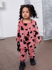 SHEIN 3 peças Conjunto de Jaqueta e Calça de Padrão de Coração Fofinho e Médio Comprimento para Bebê Menina, Outono/Inverno - Vermelho - Visão 4
