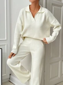 EURMUSE Woman Loose Fit Comfy Warm Thick Polo Neck Sweater And Pants Co-Ords Two Piece Set - Beige - View 1