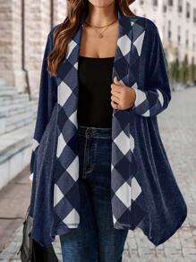 EMERY ROSE Plus Size Women's Plaid Patchwork Open Front Long Casual Jacket, Spring Autumn - Navy Blue - View 1