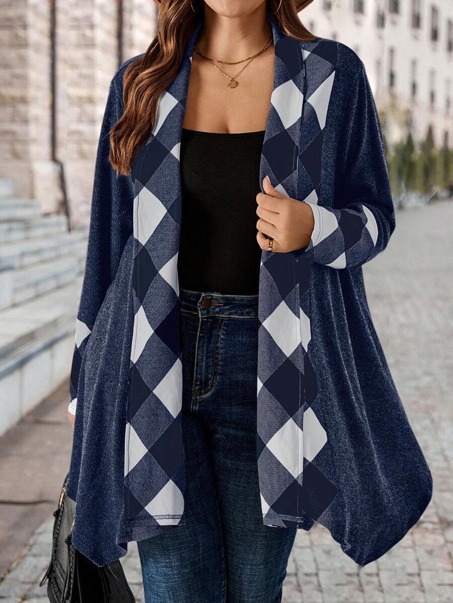 EMERY ROSE Plus Size Women's Plaid Patchwork Open Front Long Casual Jacket, Spring Autumn - Navy Blue - View 1