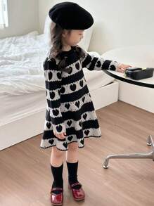 DAZY Young Girl Heart Pattern Long Sleeve Knitted Sweater Dress, Autumn/Winter - Black and White - View 1