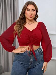 SHEIN Essnce Áo thun dài tay hở vai màu trơn cỡ lớn cho nữ - Màu Đỏ Sâu - Xem 4