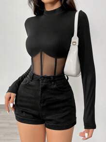 Chiquease 女士新年百搭高领毛衣，收腰设计，透明性感网纱拼接长袖T恤 - 黑色 - 查看 3