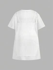 SHEIN EZwear CURVE 2 chiếc/bộ cho nữ cỡ lớn màu trơn cổ tròn tay ngắn lưới rộng rãi thường ngày & váy yếm màu trơn - trắng - Xem 2