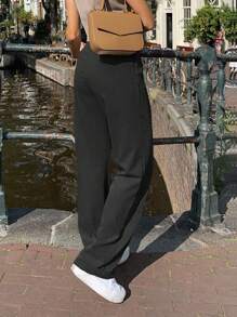 MYOURSA Women's Casual Solid Color Front Pleated Straight Leg Slim Fit Pants - Black - View 4