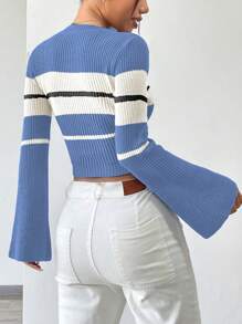 SHEIN Unity Women's Crew Neck Striped Print Contrast Color Long Sleeve Sweater - Blue - View 2