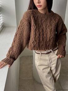 Dazy-Less Áo len chui đầu ngắn màu trơn thường ngày cho nữ, phong cách Old Money mùa thu/đông, quần áo nữ mùa thu - Cà phê nâu - Xem 4