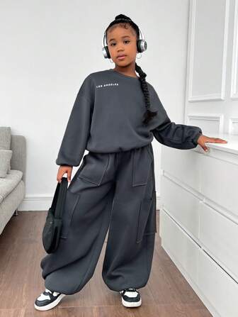 SLAYR KIDS Tween Girls Casual Oversized Pullover Hooded Sweatshirt & Drawstring Waist Loose Fleece Sweatpants Set, Reflective Print