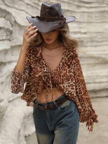 Aveloria Blusa casual suelta con diseño de volantes, cuello en V, lazo en la cintura, bajo asimétrico y estampado de leopardo aleatorio con elegante acabado retro