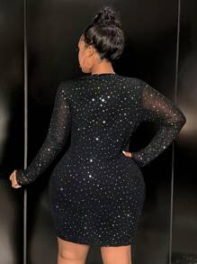 Slaydiva 大码优雅派对性感紧身低领镂空腰部透明网眼迷你黑色连衣裙，秋季 - 黑色 - 查看 2