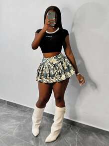 Slaydiva New Casual Street Low-Waist Mini Skirt Pleated Skirt All-Over Branch Print Women's Skirt