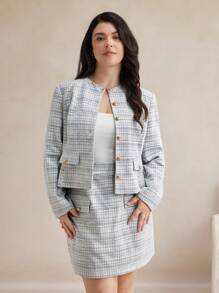 BizChic Plus Size Button Front Long Sleeve Faux Pocket Plaid Blouse & Mini Skirt Suit Two Pieces Set - Black and White - View 8