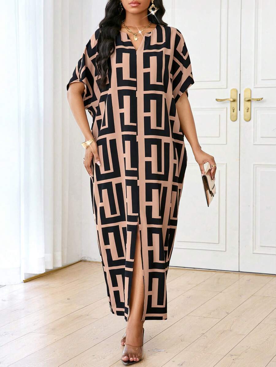 SHEIN Lady Autumn And Winter Elegant Casual Work Party Brown Leopard Print V Neck Slit Butterfly Sleeve Women Dresses - Multicolor - View 1