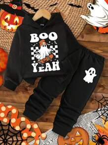 SHEIN Disfraces de Halloween: fantasmas con sábanas lindos, calabazas, murciélagos, arañas; Conjunto de 2 piezas de sudadera con capucha y pantalones holgados y gruesos para niños pequeños, adecuado para otoño e invierno