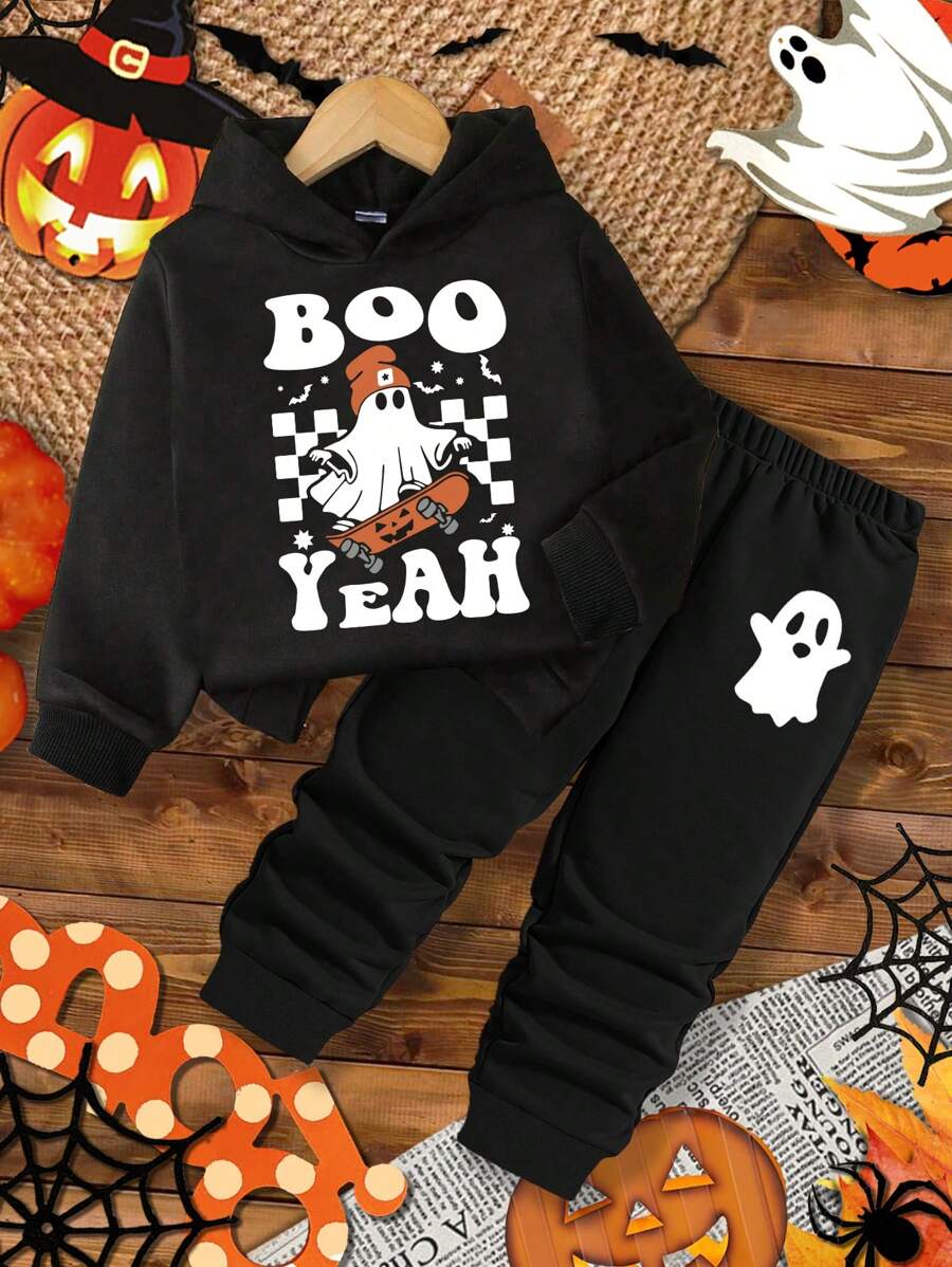 SHEIN Disfraces de Halloween: fantasmas con sábanas lindos, calabazas, murciélagos, arañas; Conjunto de 2 piezas de sudadera con capucha y pantalones holgados y gruesos para niños pequeños, adecuado para otoño e invierno