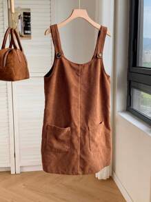 SHEIN EZwear 大码女式连衣裙冬季，棕色双口袋休闲宽松围兜灯芯绒连衣裤连衣裙 - 鏽棕色 - 查看 2