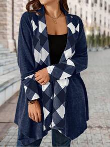 EMERY ROSE Plus Size Women's Plaid Patchwork Open Front Long Casual Jacket, Spring Autumn - Navy Blue - View 5