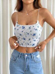 SHEIN EZwear Débardeur ajusté à fleurs mignonne pour femmes, avec rembourrage, pour l'été