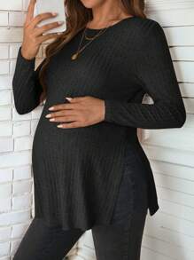 SHEIN 孕妇简单宽松卡其色长袖 T 恤 - 黑色 - 查看 1