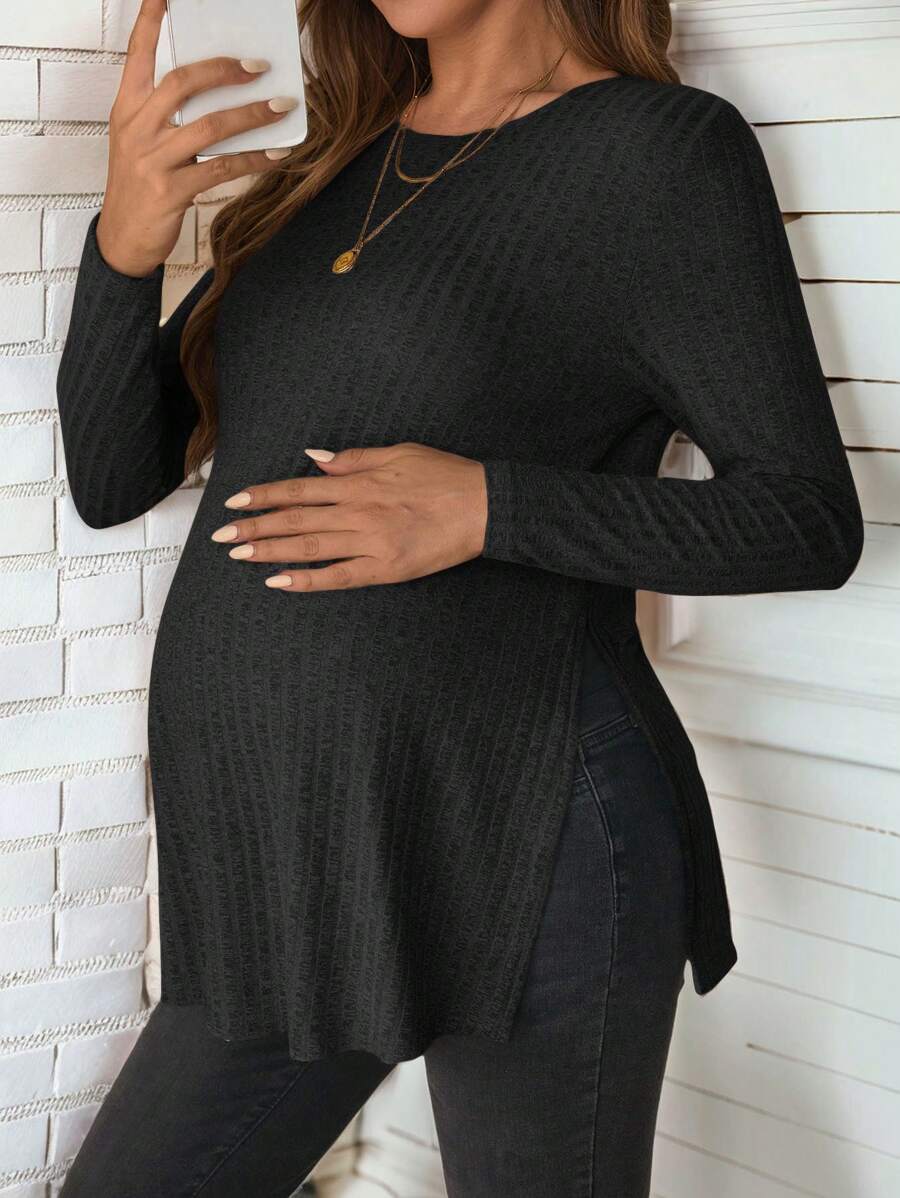 SHEIN 孕妇简单宽松卡其色长袖 T 恤 - 黑色 - 查看 1