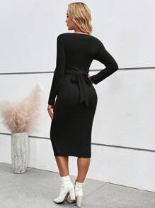 SHEIN 孕妇圆领长袖纯色罗纹前交叉连衣裙 - 黑色 - 查看 3