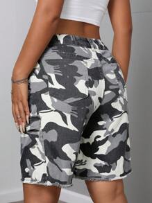 SHEIN SXY Camouflage denim shorts met knoopsluiting aan de voorkant, casual dagelijkse kleding