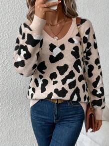 SHEIN Clasi Women's Deep V-Neck Long Sleeve Leopard Print Sweater - Multicolor - View 3
