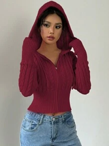 Flirla Áo khoác cardigan trơn có mũ trùm đầu có dây rút cho nữ, trang phục thường ngày thu/đông cho năm mới, áo dài tay - Đỏ - Xem 3