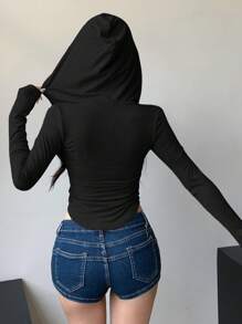 DAZY 女士修身连帽长袖 T 恤，休闲日常穿着运动衫 - 黑色 - 查看 3