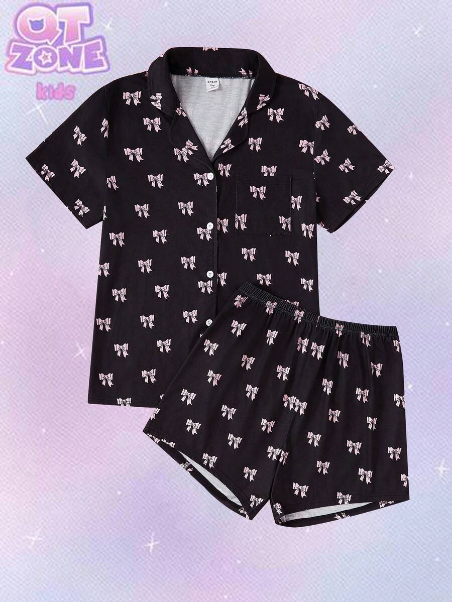 2 Cái/bộ Áo cardigan ngắn tay màu hồng và quần short dành cho nữ sinh tuổi teen Bộ đồ mặc trong nhà thông thường - màu đen - Xem 1