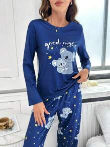 Cute Koala And Star Print Ladies Pullover Pajama Set, Fall Winter Clothes - Blue - View 4