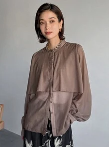 FRIFUL Camisa informal de un solo color marrón 2 en 1 para mujer, primavera y otoño - Marrón - Ver 6