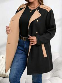 EMERY ROSE Abrigo de punto de doble botonadura de color block informal de talla grande para otoño e invierno - Multicolor - Ver 4