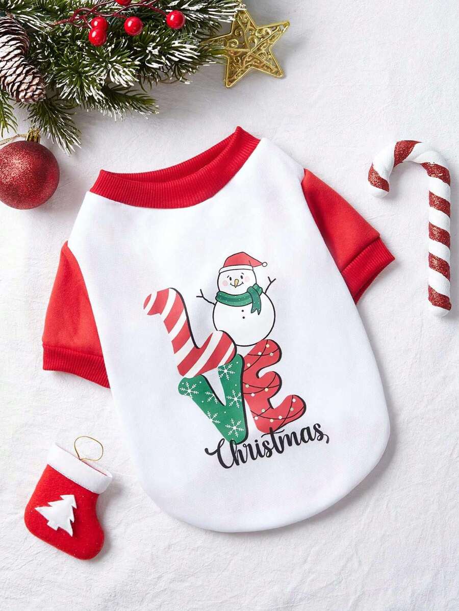 Carol Caju 艺术家 1 件可爱卡哇伊雪人印花红白保暖宠物运动衫 - 适合猫狗、圣诞主题、节日、新年