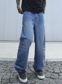 Manfinity EMRG Quần Jeans Denim Rửa Sạch Dáng Thẳng Thường Ngày Cho Nam - Màu xanh lam - Xem 4