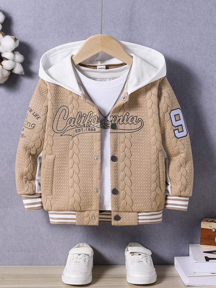 SHEIN Young BoyLetter Embroidered Varsity Jacket, Getaway, Holiday, Travel, Relax, Sunbathing, Summer - Khaki - View 1
