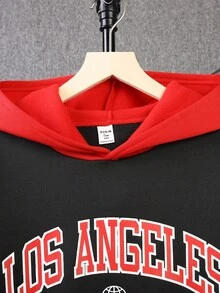 SHEIN Bộ áo hoodie và quần nỉ in chữ màu tương phản cho bé trai tuổi teen, dáng rộng, thu/đông - Nhiều màu - Xem 6