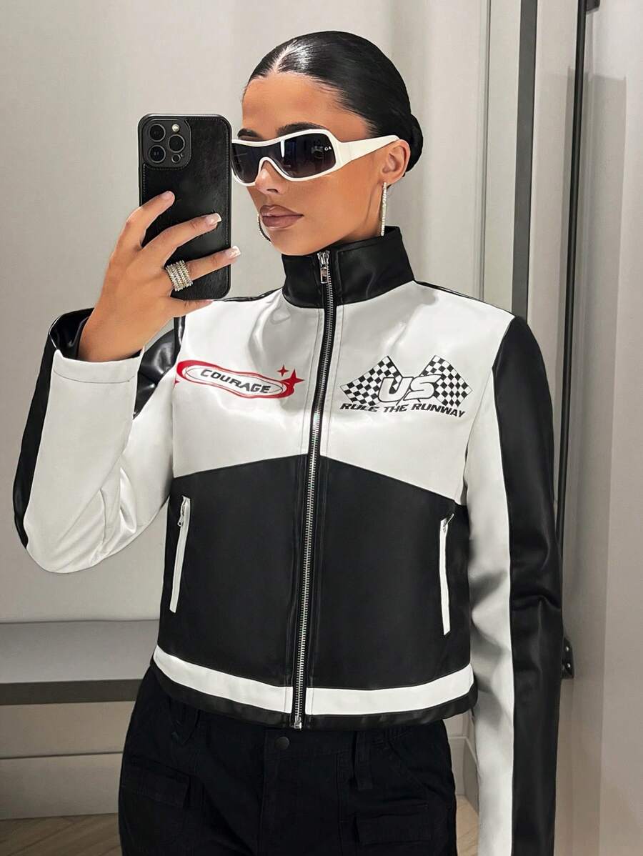 SHEIN ICON Colorblock Splicing Front Zipper Casual PU Leather Print Long Sleeve Y2K Graphic Fall Winter Going Out Zip Up Women Jacket - Multicolor - View 1