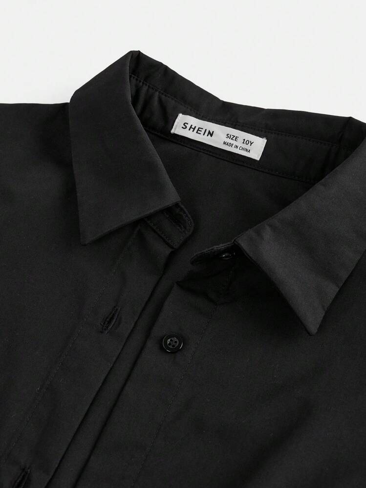 青少年女孩纯色宽松长袖衬衫 + 吊带背心 + 短裤 3 件套休闲服装套装 - 黑色 - 查看 10