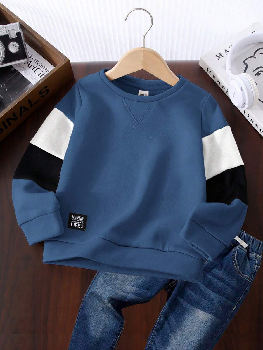 SHEIN 1 件装年轻男孩休闲可爱舒适圆领拼接长袖运动衫适合外出、上学、日常聚会、秋冬季 - 藍色 - 查看 1