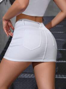 SHEIN EZwear Damska spódnica mini z kieszeniami z przodu i prostym denimowym guzikiem, codzienny ubiór