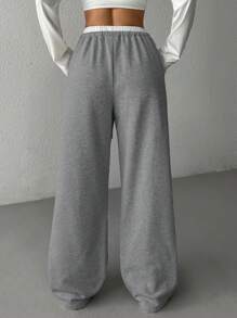 SHEIN EZwear 女士休闲宽松针织阔腿运动裤，灰色 - 深灰色 - 查看 2