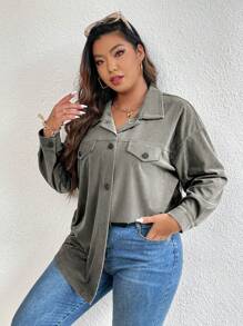 SHEIN LUNE 大码纯色前纽扣装饰长袖休闲夹克，适合冬季 - 灰色 - 查看 5