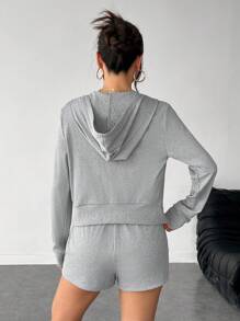 SHEIN PETITE 休闲街头风格灰色连帽短款上衣和紧身短裤两件套带前拉链 - Z - 灰色 - 查看 2
