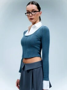 SHEIN Unity 女式春夏撞色罗纹长袖短款修身上衣 - 灰色 - 查看 6