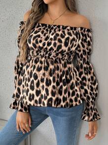 SHEIN 孕妇休闲豹纹露肩衬衫，春秋季，适合孕妇 - 棕色 - 查看 4